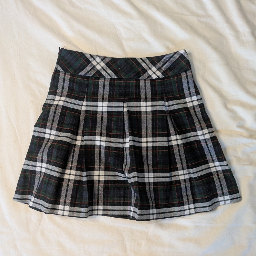 Vintage Navy Green Plaid Tartan School Girl Pleated Tennis Skirt